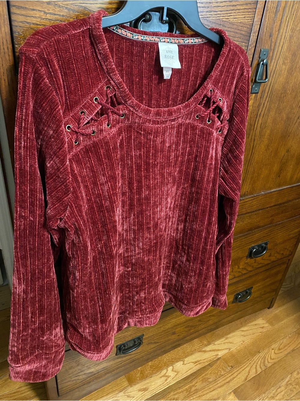 Knox Rose Rust Burgundy Lace-Up Long Sleeve Pullover Velvet Sweater, XL Women’s